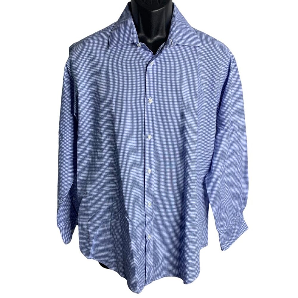 Nicole Miller Modern Fit Button Up Shirt L Blue Check Long Sleeves Collared